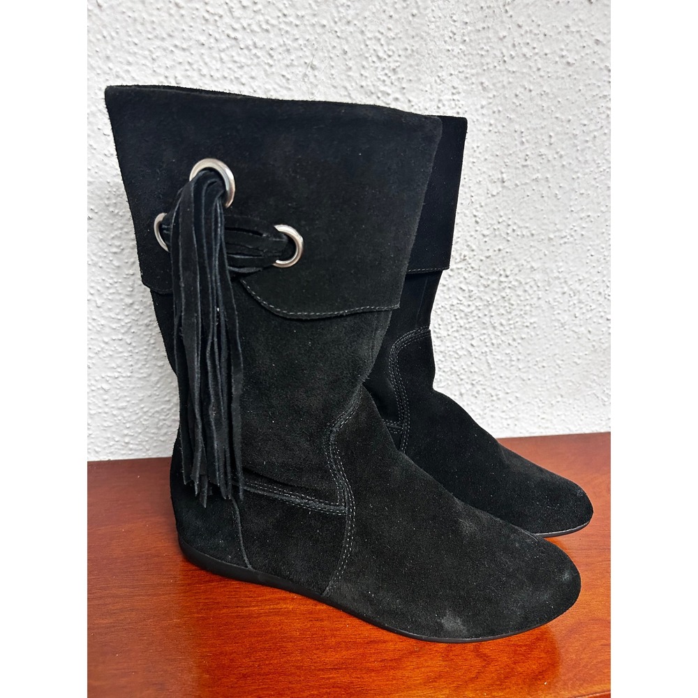 White Mountain Filly Black Suede Fringe Tassel Mid Calf Flat Boots 7M
